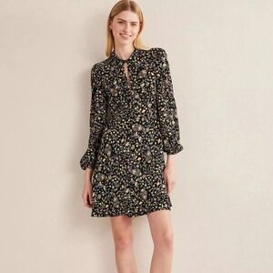 New Boden Women's Tie Neck Black Multicolor Floral Fit Flare Dress US 4R